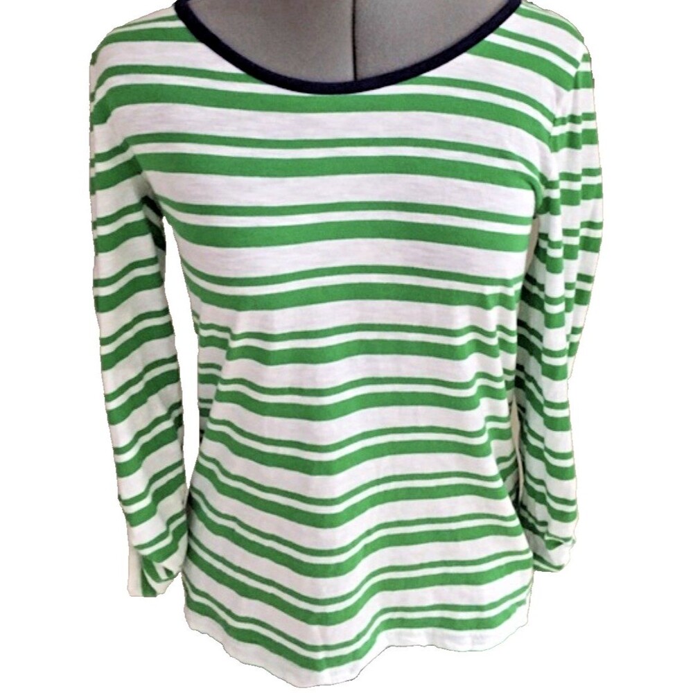BANANA REPUBLIC Nautical Top M Green White Stripe Roll Tab Sleeve Sailing Shirt